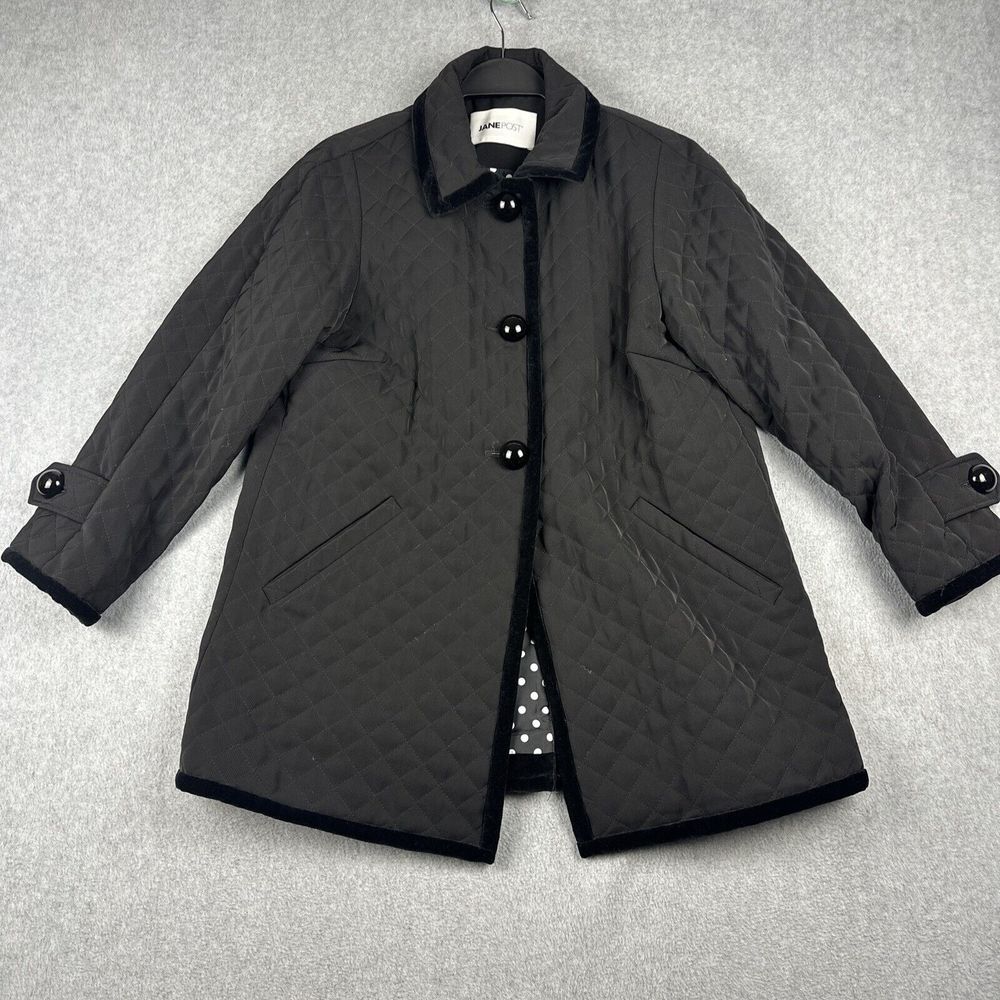 Jane Post Jacket Womens M Black Quilted 3 Button Coat Single Vent Polka Dot Line